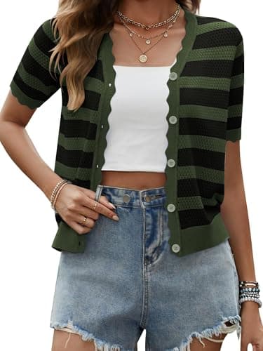 Biodeer Women's 2026 Spring Summer Striped Knit Cardigan Short Sleeve Button Down Cropped Sweater Top for Dresses Green - Image 1