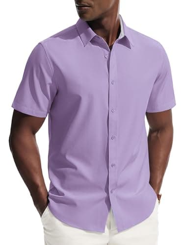 PJ PAUL JONES Mens Dress Shirts Short Sleeve Button Up Shirt Wrinkle Free Business Casual Shirts for Men Summer Work Office Wedding Light Purple - Image 1