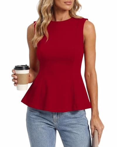 BTFBM Womens Summer Tops 2026 Business Casual Outfits Crew Neck Sleeveless Shirts Slim Fit Peplum Tank Top(Red, Small) - Image 1