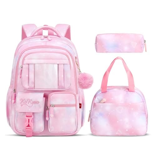 Tanou Backpack with Lunch Box for Girls, Kawaii Set School Bag for Kid Elementary Middle School, Aesthetic Laptop Bookbag Lightweight, Pink - Image 1
