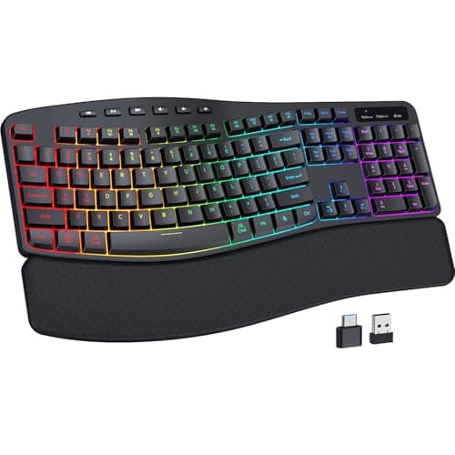 COLIKES Wireless Ergonomic Keyboard, Backlit Keyboard Silent with 15 RGB Lighting Effects, Leather Wrist Rest, 2500mAh Rechargeable, Multimedia Keys, Wave Keyboard for PC Computer Laptop Windows Mac - Image 1