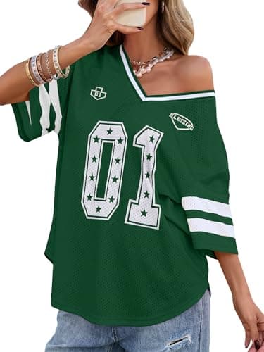 Bellcoco Women's Y2k Graphic Shirts Oversized Jersey Tops V Neck Number Print Off Shoulder Tees Football Streetwear Green Graphic XL - Image 1