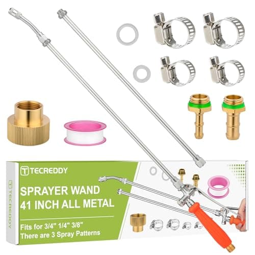 Tecreddy Replacement Pump Sprayer Wand, 41 Inch All Metal Spray Wand with Stainless Steel Extension Tubes, 1/4" 3/8" Brass Barbs & 3/4" Garden Hose Joint Parts for Weed Lawn Plants Careing Watering - Image 1