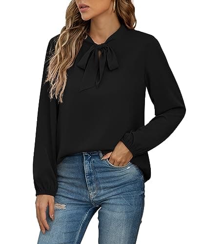 CZYINXIAN Womens Tops Dressy Casual Chiffon Blouse Bow Tie Neck Long Sleeve Casual Office Blouse Top(Black,XX-Large) - Image 1