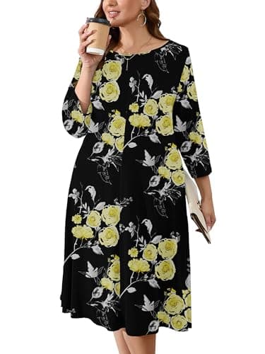 AusLook Women's Plus Midi Dresses Crew Neck A Line 3/4 Sleeves Casual Elegant Loose Flowy Wedding Guest Maternity Vacation Beach Black Golden Floral 3X Dress with Pockets - Image 1