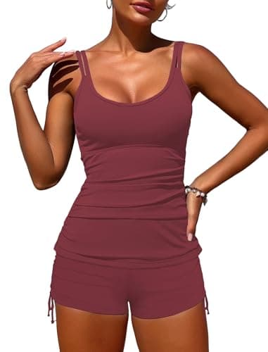 ZAFUL Green Bloom Womens Two Piece Tankini Swimsuit Round Neck Modest Tummy Control Slimming Bathing Suits with High Waisted Shorts Cherry Red M - Image 1