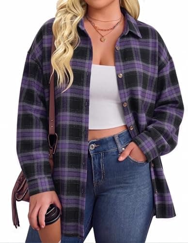 IN'VOLAND Plus Flannel Womens Button Down Shirts Work Blouses Lightweight - Image 1
