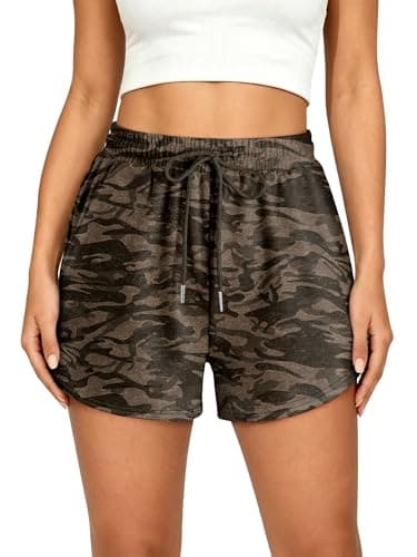 KISSMODA Dark Brown Camo Print Women’s Relaxed Jogger Shorts Drawstring Waist Pockets Hiking Backyard BBQ Outdoor Travel Athleisure Short Bottoms CamoBrown S - Image 1