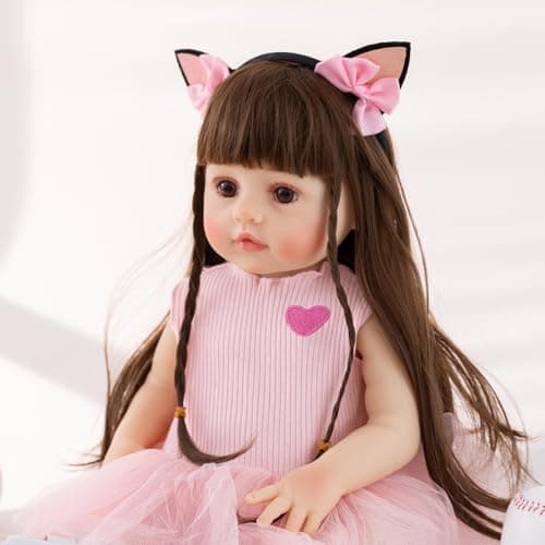 PUAMUBUA Reborn Baby Dolls 22" Silicone Baby Doll Full Body,Realistic Baby Dolls Girl with Birth Certificate Feeding Kit Toys in Gift Box for Kids Age 3+ (Pink Princess)