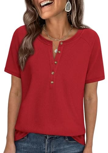 PRETTYGARDEN Waffle Knit Tops for Women Short Sleeve Henley Shirts 2026 Summer Blouses Dressy Casual Spring Fashion Clothes (Red,Large) - Image 1