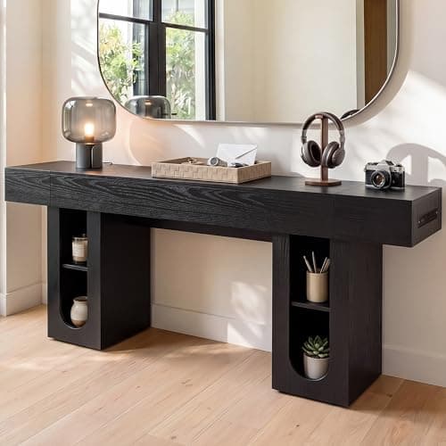 OMCHOM 79 Inch Long Console Table with Outlet, Entryway Table with Storage Shelves, Thick Heavy Duty High Density MDF Farmhouse Sofa Table for Hallway Behind Couch,Living Room(Black) - Image 1