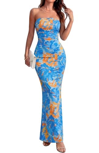 BTFBM Women Summer Strapless Maxi Dress 2026 Bodycon Floral Long Wedding Guest Dress Formal Tube Mesh Cocktail Dresses(Floral Blue, Small) - Image 1