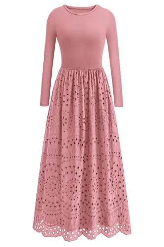 dowerme Women Spring Dresses 2026 Casual Long Sleeve Crewneck A-Line Boho Eyelet Cotton Maxi Wedding Guest Dress Pockets(Pink,Large) - Image 1