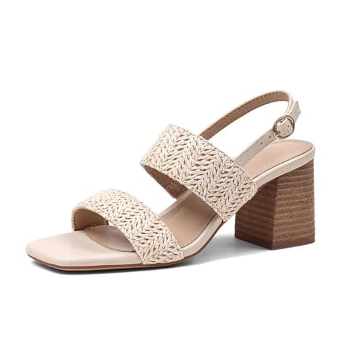 Ancomafio Raffia Heeled Sandals Block Chunky Heels Square Open Toe Summer Sandals Ankle Strap Vacation Heels Casual Dressy Shoes Beige Size 10 - Image 1