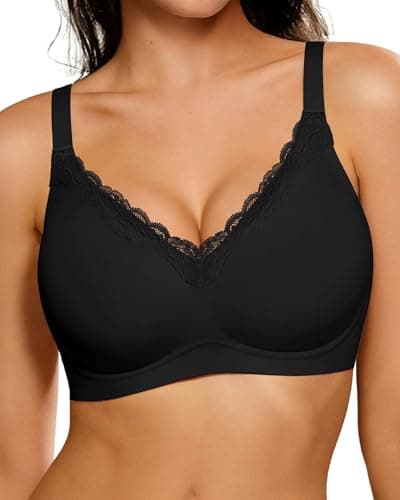 HORISUN Wireless No Underwire Bra for Women V-Neck Lace Trim Jelly Supportive Seamless Bra Comfortable Tshirt Bralette (Black 34DD) - Image 1