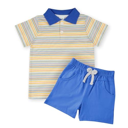 JiuBreeze Toddler Baby Boys Summer Short Sleeve Polo Shirts Set 2-piece Striped Outfits 18 Month-5T (Rainbow D.Blue, 4-5T) - Image 1
