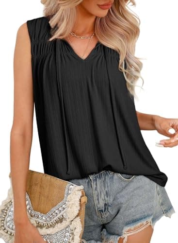 Dokotoo Women's Tank Tops Black Dressy Casual Shirts Women Summer Tops 2026 Trendy V Neck Sleeveless Spring Outfits Business Tunic Vest Pleated Flowy Loose Fit Clothes Size Large - Image 1
