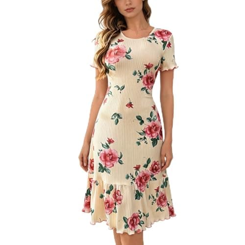 Eternatastic Women's Floral Print Short Sleeve Nightgown Crew Neck House Dresses Loungewear Ribbed Sleep Dress Nightshirt L Beige