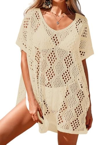 BreathSunny Womens Crochet Cover Up Swimsuit Dress for Woman Summer 2026 Casual Vacation Outfits V Neck Cap Sleeve Side Slit Mesh Sheer Knit Bathing Suit Beach Bikini Coverup Mini Dress Apricot L - Image 1