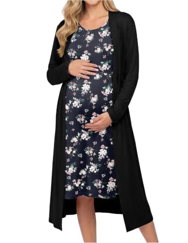Ekouaer Maternity Nursing Gown and Robe Set Labor Delivery Hosptial Nursing Dress Pregnancy Clothes Pink Flower Black L - Image 1