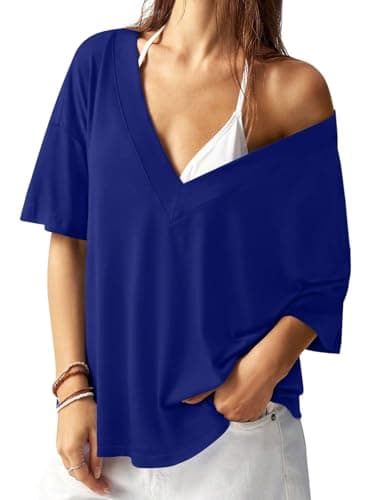 REORIA Women's Trendy Oversized V-Neck T Shirt Short Sleeve Off The Shoulder Contrast Stitching Loose Fit Tops for 2026 Spring Summer Dark Blue XX-Large - Image 1