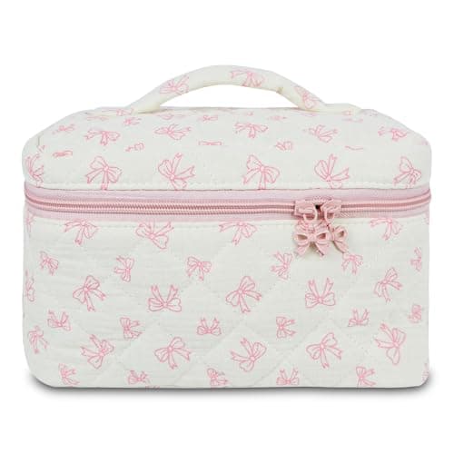 GISMTR Makeup Bag, Quilted Bow Cosmetic Bag, Large Travel Aesthetic Make up Bag, Cute Coquette Toiletry Pouch for Women Girls - Image 1