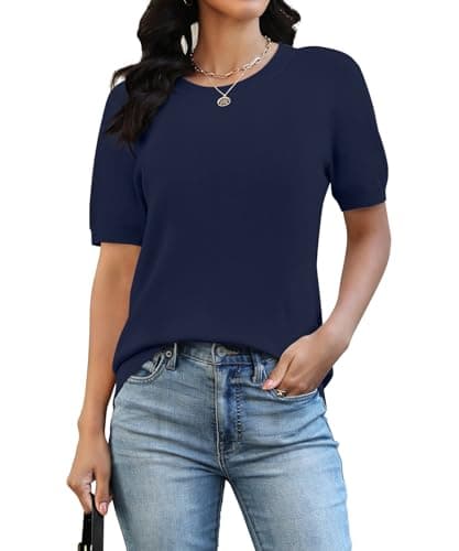 NILOUFO Pullover Sweaters for Women Short Sleeve Sweater Top Navy Blue - Image 1