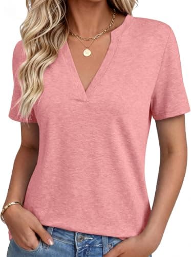 NORACORA Women's V Neck Short Sleeve T Shirt Summer Casual Tops Loose Fit Basic Blouses Trendy Fashion for Work Daily Wear Coral XXL - Image 1