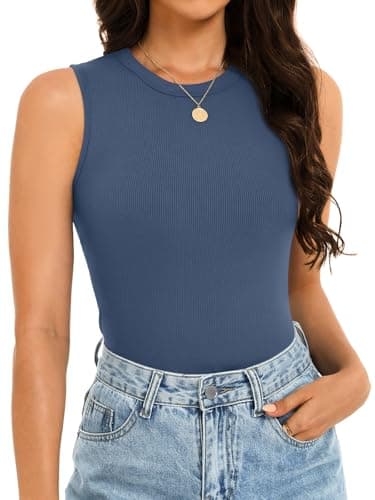 GKBK Womens Ribbed High Neck Tank Tops Racerback Slim Fitted Top Summer Basic Casual Sleeveless Shirts Grey Blue - Image 1