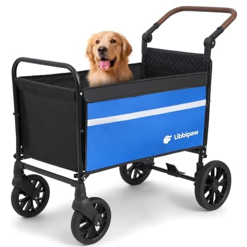 Libbipaw Dog Wagon for Medium & Large Dogs, Foldable All-Terrain Dog Stroller Wagon with Ramp, Adjustable Handle, One-Step Brake, Heavy Duty Pet Wagon (Blue)