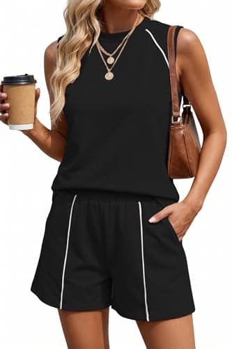 GTMRINJN 2 Piece Sets for Women Summer Sleeveless Short Sets 2 Piece Workout Outfits Activewear Gym Outfits for Women Walking Jogging with Pockets Black M - Image 1
