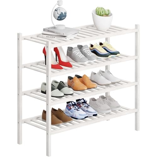 Buymoth 4 Tier Bamboo Shoe Rack Storage Organizer for Closet, Multifunctional Stackable Free Standing Shoe Shelf Organizer for Small Space,Entryway, Hallway, Bathroom27 x11 x26(White, 4 Tier) - Image 1