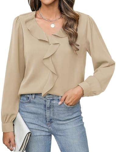 Neweek Blouse for Women V Neck Womens Shirts Long Sleeve Tunics or Tops to Wear with Leggings Camel - Image 1