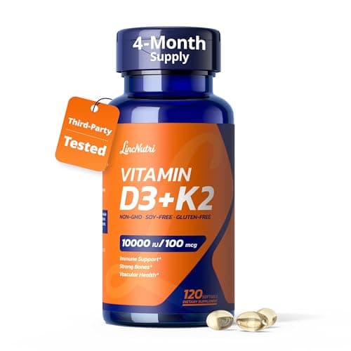 LincNutri Vitamin D3 K2 10,000IU, MK-7 100mcg 120 Softgels for Bone & Vascular Health and Immune Support, K2 D3 Vitamin Supplement Easy to Swallow, Gluten-Free & Non-GMO 4-Month Supply - Image 1