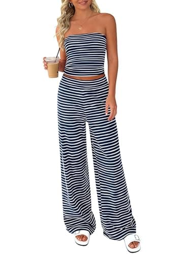 PRETTYGARDEN Two Piece Striped Sets for Women Summer Travel Outfits 2026 Spring Y2K Going Out Vacation Clothes Loungewear (Navy Blue White,Medium) - Image 1
