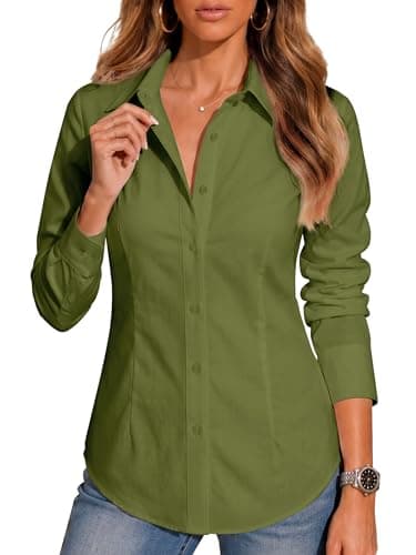 BBIBBI Collared Shirts for Women Womens Button Down Blouse Dress Shirt Women's Tops Long Work Business Casual Clothing Olive Green Size L - Image 1