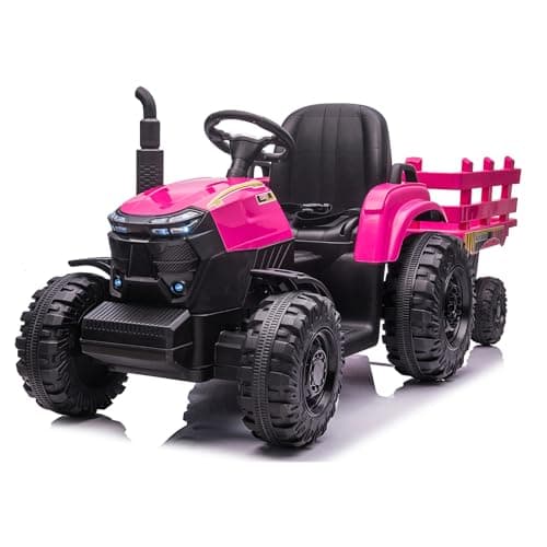 Garvee Kids Ride On Tractor with Trailer, 12V Electric Ride On Car with 35W Dual Motors, 3-Speed Gear Shift, LED Lights, Music & USB, Battery Powered Ride On Toy for Boys & Girls Ages 3+, Pink