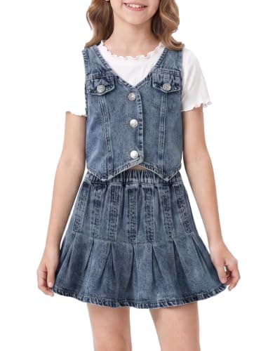 PATPAT Girl's 2-Piece Denim Set - Jean Vest with Pleated Skirt 9-10 Years - Image 1