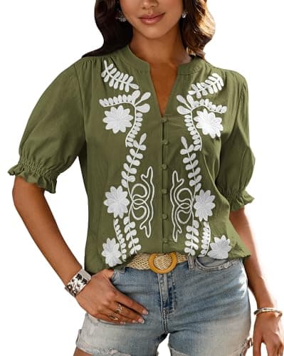 BTFBM Women's 2026 Spring Tops Casual Floral Boho V Neck Puff Short Sleeve Button Down Shirts Embroidered Blouses Tunic(Floral Army Green White, Medium) - Image 1