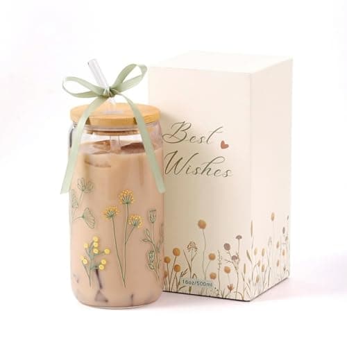 Celebloom Floral Gifts for Women, Flower Glass Cup with Lid and Straw, Aesthetic Wildflower Iced Coffee Drinking Cup Tumbler stuff for Women Mom Anniversary Birthday Thanksgiving 16oz - Image 1