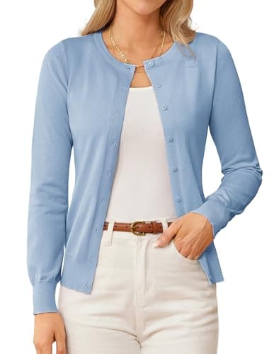 GRACE KARIN Women's Long Sleeve Button Up Cardigan Lightweight Crewneck Blue Knit Cardigan Sweaters Spring Clothes XL - Image 1