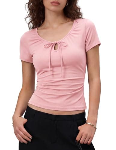 Belle Poque Women's Short Sleeve Ruched Crop Tops Keyhold Neck with a Bow Basic Going Out Knit Top 2026 Lotus Root Pink L - Image 1