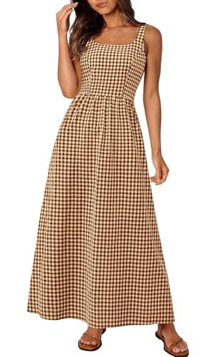 PRETTYGARDEN Women's 2026 Summer Spaghetti Strap Maxi Dresses Plaid Square Neck A Line Casual Beach Vacation Long Sundress (Coffee,Medium) - Image 1