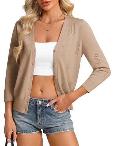 GRACE KARIN Women Butter Yellow Cardigan, 3/4 Sleeve Knit Sweaters, Lightweight Summer Cardigans Bolero Shrugs Khaki XL - Image 1