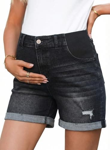 BLENCOT Women's Maternity Jean Shorts Under Belly Maternity Lounge Denim Shorts Pregnancy Fold Hem Comfy Clothes with Elastic Panel Black M - Image 1