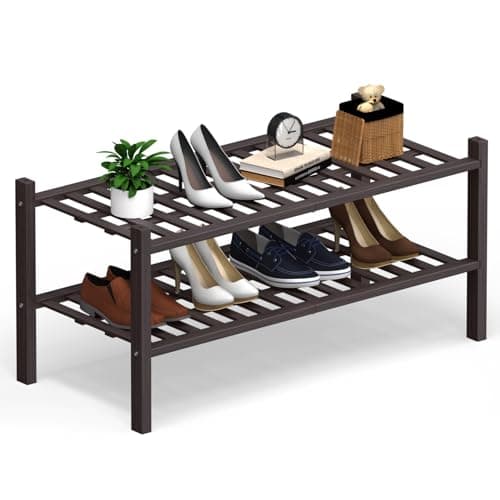 Haddockway 2 Tier Bamboo Shoe Rack Storage Organizer, Multifunctional Free Standing Stackable Shoe Shelf with Grid Panel for Closet,Hallway,Entryway,Small Space 27"x11"x13"(Brown, 2 Tier) - Image 1