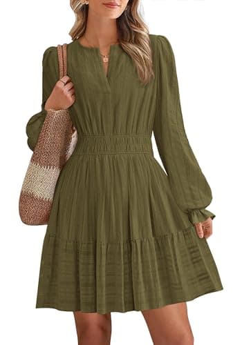 BTFBM Mini Dresses for Women 2026 Casual Lightweight Long Sleeve V Neck A Line Elastic Waist Party Holiday Dress(Army Green, X-Large) - Image 1