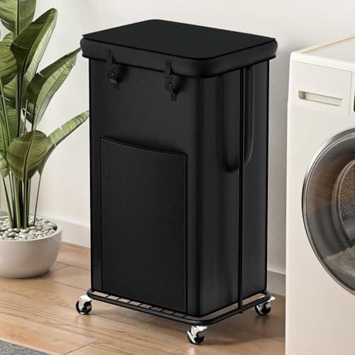 YKDIRECT 100L Large Laundry Hampers with Lid, Oxford Fabric Laundry Hampers Clothes Hampers, Metal Frame and Removable Bag Design with Wheels, Suitable for Bedroom, Bathroom (100L Black&Lid, 100L) - Image 1