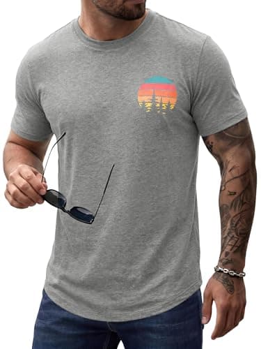 Comdecevis Mens Sunset Graphic Curved Hem T-Shirt Breathable Streetwear Short Sleeve Shirts for Summer Beach,Medium Gray,2XL - Image 1