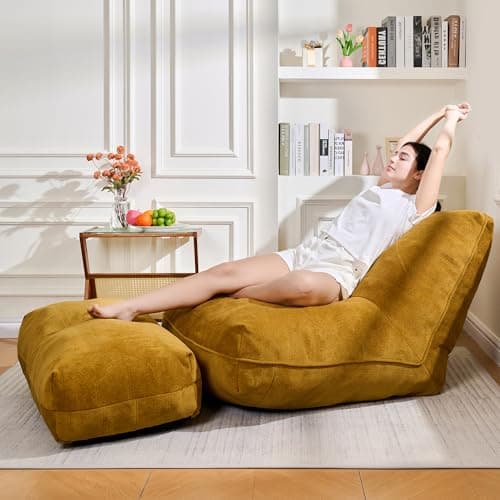 Cvortll Bean Bag Chair with Ottoman, Comfy Bean Bag Sofa with Memory Foam, Lazy BeanBag Sofa with Footstool, Fireside Bean Bag Couch for Living Room, Bedroom, Apartment (Yellow) - Image 1